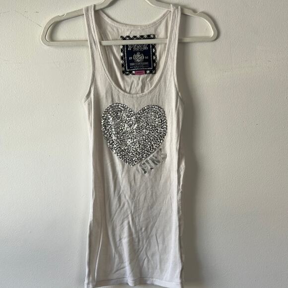 Vintage Victoria’s Secret‎ PINK white and silver tank silver sequin heart sz S - Picture 1 of 6